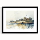Extra large framed wall art depicting an abstract rendition of Alcatraz in colorful, textured strokes.