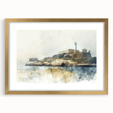 Extra large abstract art print of Alcatraz Island in muted blue and gray tones on a framed canvas.