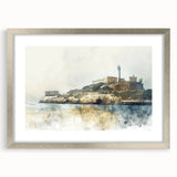 Textured art print of Alcatraz in muted gray tones on a framed silver mat, suitable for bedroom art.