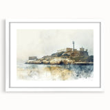Abstract art print of Alcatraz in muted gray tones, framed with a white mat, ideal for dining room decor.