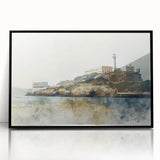 Large abstract wall art of Alcatraz in muted gray tones, framed in black acrylic, suitable for modern art wall decor.