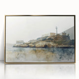 Acrylic print of Alcatraz Island with a gold frame, featuring muted earth tones, ideal for modern art wall decor.
