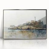 Mid-century modernist art of Alcatraz in muted gray tones on a framed acrylic print, suitable for modern art wall decor.