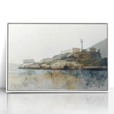 Acrylic print of Alcatraz Island in grayscale tones, framed in white, suitable for modern art wall decor.