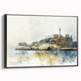 Black and white framed canvas of Alcatraz Island landscape, ideal for bedroom wall decor.