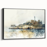 Black and white framed canvas of Alcatraz Island landscape, ideal for bedroom wall decor.