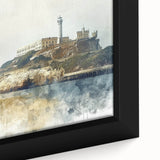 Close-up of a textured black wall art depicting Alcatraz in colorful, vibrant hues on a large framed canvas.