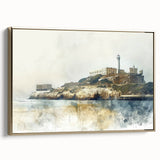 Framed canvas depicting a vintage poster of Alcatraz landscape in black and gold tones, suitable for bedroom wall art.