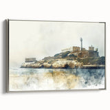 Landscape art painting of Alcatraz Island in muted black and colorful hues on a framed canvas, ideal for office decor.
