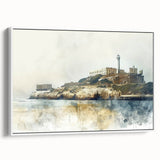 Vintage poster art of Alcatraz in vibrant colors on a large framed canvas, suited for living room decor.