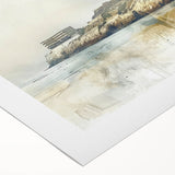 Art deco poster of Alcatraz Island in muted gray and blue tones on rolled canvas, suitable for dining room wall art.