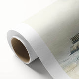 Art deco poster of Alcatraz in muted gray and blue tones on rolled canvas, suitable for dining room decor.