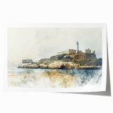 Rolled print of Alcatraz Island with muted blue and gray tones, ideal for art wall dining room.