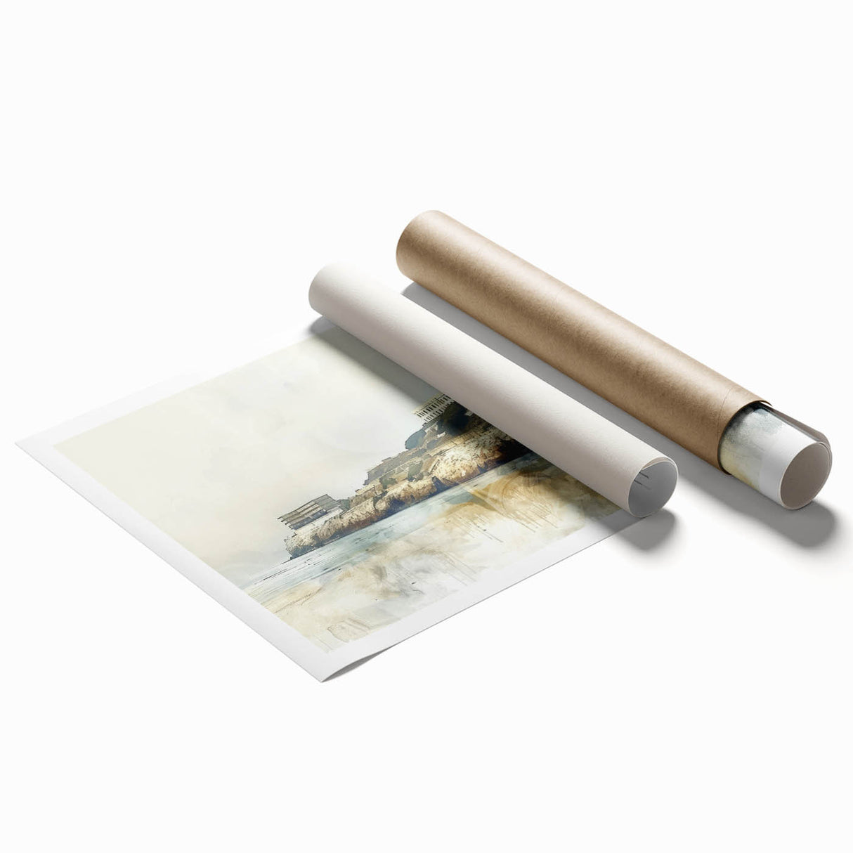 Extra large rolled print of Alcatraz Island in muted blue and gray tones, suitable for classy bathroom wall art.
