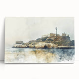 Black and white photo of Alcatraz Island on stretched canvas, ideal for kitchen wall art or bedroom ambiance.