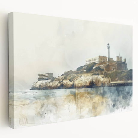 Side view of a large stretched canvas featuring the Alcatraz Island in muted gray tones, ideal for kitchen wall art.
