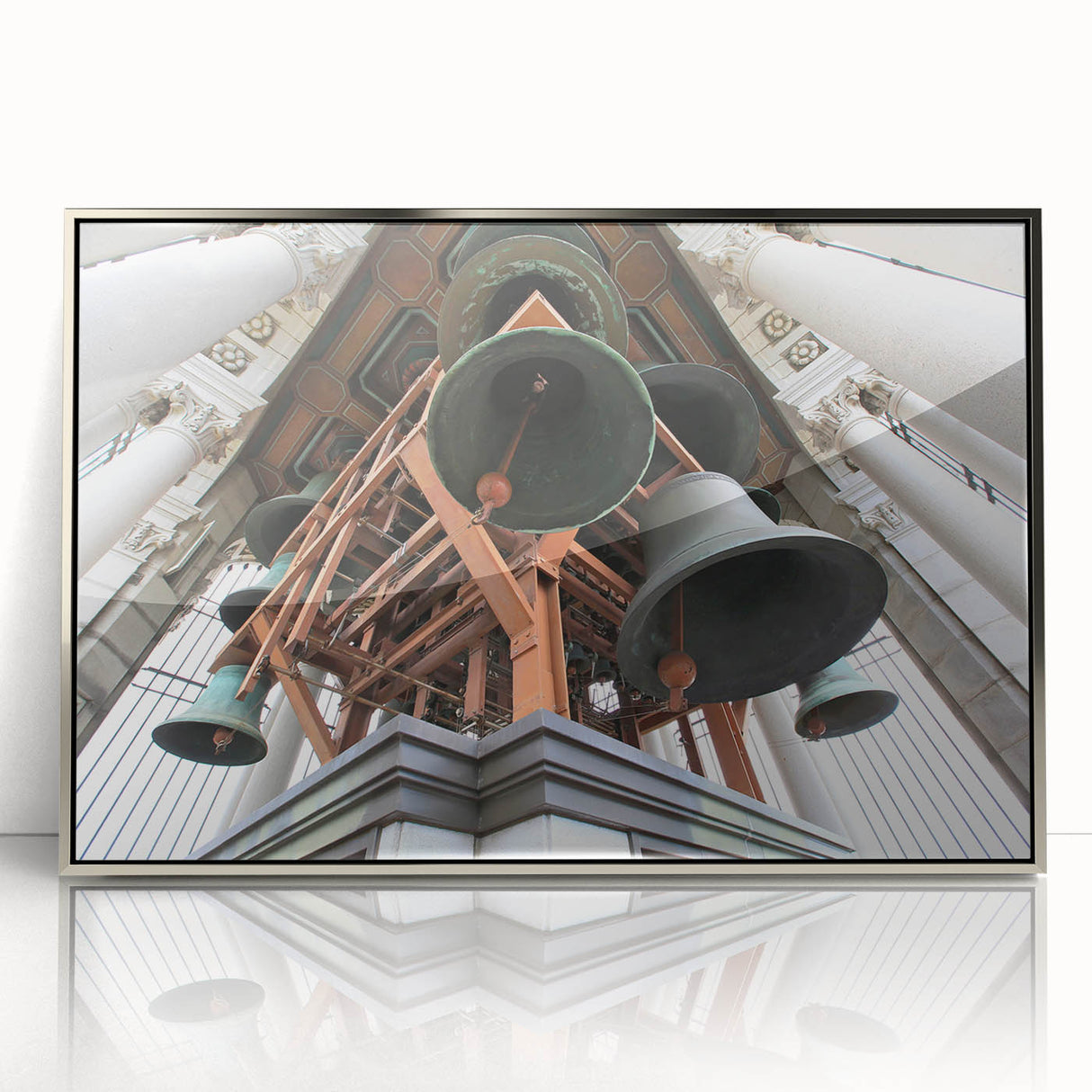 Framed acrylic print of Berkeley, California in mid-century modernist style with muted earth tones.