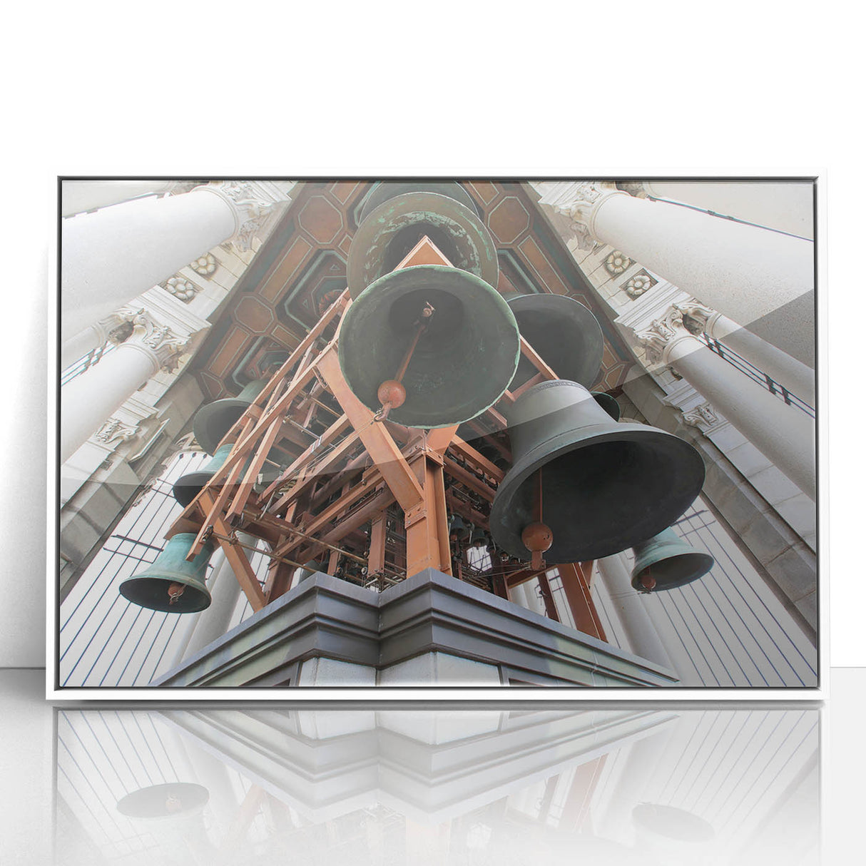 Art deco poster of Berkeley, California scenery in muted blues and greens on a white framed acrylic.