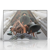 Art deco poster of Berkeley, California scenery in muted blues and greens on a white framed acrylic.