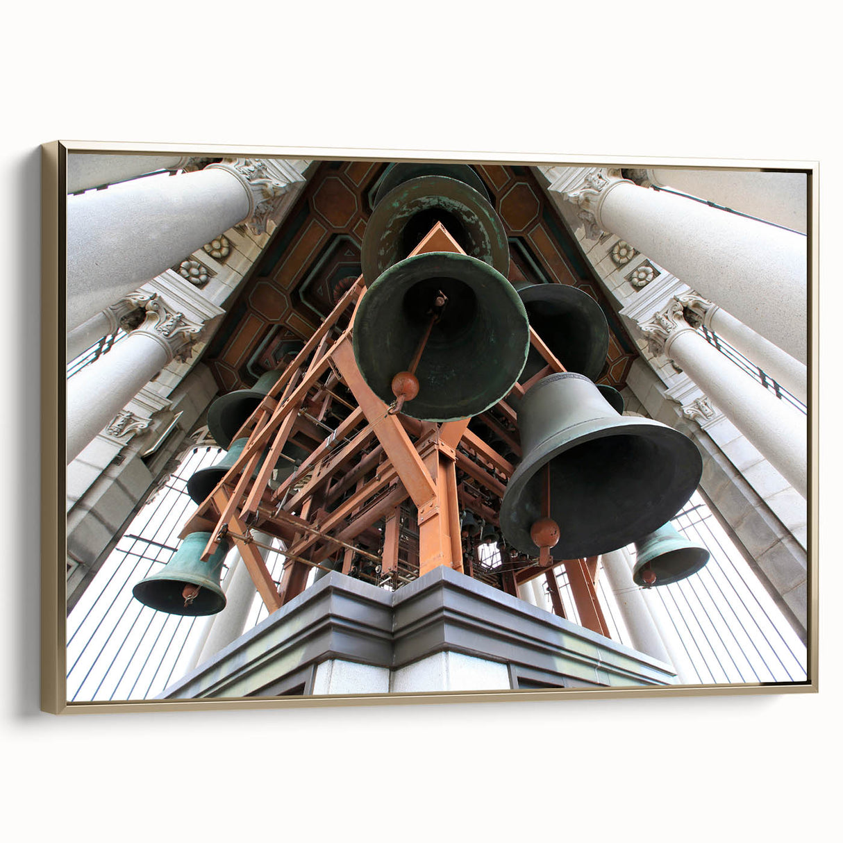 Framed canvas of a vintage-style Berkeley landscape with muted gold and black tones, suitable for bedroom wall art.