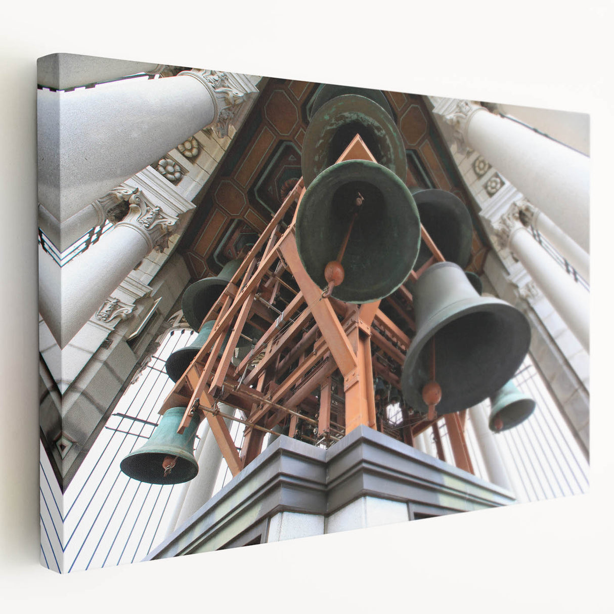 Large art of the Berkeley, California skyline in muted earth tones on stretched canvas, ideal for kitchen wall art.