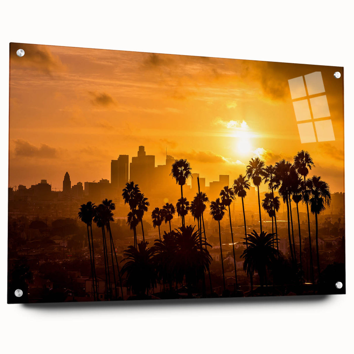 Acrylic print of a large abstract depiction of Beverly Hills in muted earth tones, suitable for bedroom or dining room decor.
