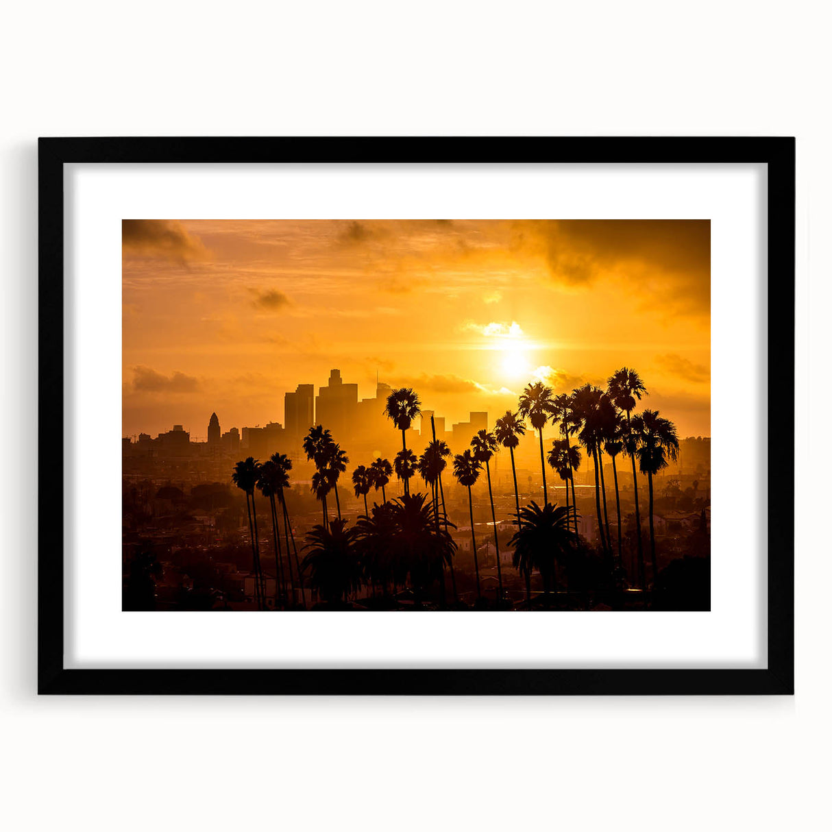 Abstract art print of Beverly Hills in colorful, textured style on a large black framed canvas, ideal for living room decor.
