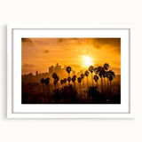 Abstract art print of Beverly Hills in muted earth tones, framed with a white mat, suitable for bedroom or dining room decor.