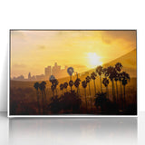 Art Deco style poster of Beverly Hills scenery in muted pastel hues on a white acrylic framed print.