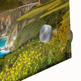 Large abstract wall art of Big Sur coastline in muted blue and green tones on acrylic glass, ideal for dining room ambiance.