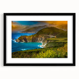 Extra large wall art of an abstract California Big Sur landscape in vibrant colors on a textured canvas, framed in black.