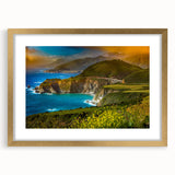 Extra large abstract art print of Big Sur in textured shades of blue and green, framed in gold, ideal for living room decor.