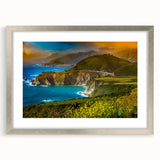 Textured art print of abstract Big Sur scenery with silver frame, featuring earthy and blue tones, ideal for bedroom art.