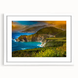 Abstract art print of Big Sur in muted blue and green tones on a white framed mat, suitable for dining room decor.
