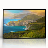 Large abstract wall art depicting the Big Sur coastline in muted blues and greens on a framed acrylic.