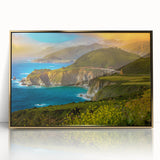 Large acrylic print of Big Sur landscape with muted earth tones in a gold frame, suitable for modern art wall decor.