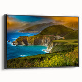 Black and white framed canvas of Big Sur coastline, ideal for bedroom wall art in a vintage poster style.