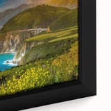 Black wall art featuring a textured close-up of Big Sur, California, in vibrant colors on framed canvas.