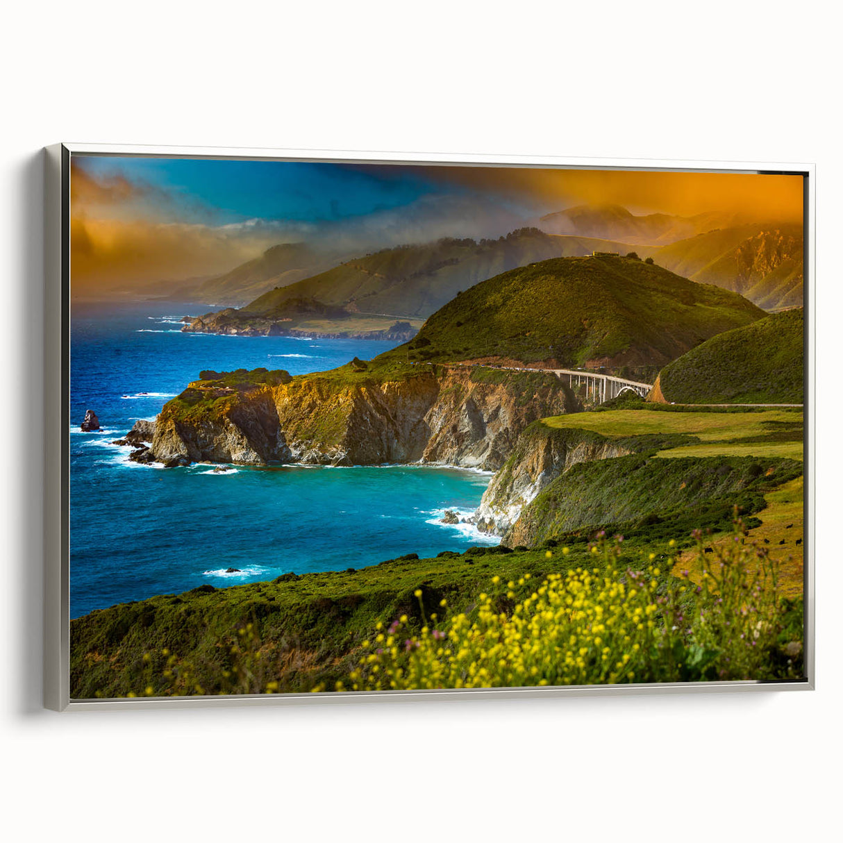 Landscape art painting of Big Sur on framed canvas, featuring a colorful palette with black edges.