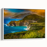 Vintage poster art of California's Big Sur on a framed canvas, featuring colorful art in extra large format.