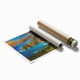 Extra large rolled print of Big Sur coastline with muted earth tones, ideal for classy bathroom wall art.