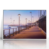 Art deco poster of Catalina, California in muted blue and white tones, acrylic framed, suitable for modern art wall decor.