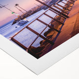 Art deco poster of Catalina, California in muted blue and peach tones on rolled canvas, suitable for dining room wall art.