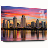 Large abstract wall art of Coronado, California scenery in muted blue and green tones on acrylic glass.