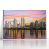 Acrylic print of the Coronado, California skyline in art deco style, using pastel hues, ideal for modern nursery decor.