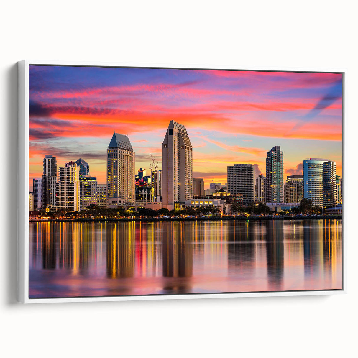 Vintage poster art of Coronado, California with vibrant colors on a white-framed canvas, ideal for living room decor.