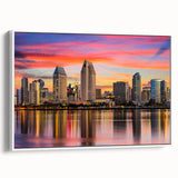 Vintage poster art of Coronado, California with vibrant colors on a white-framed canvas, ideal for living room decor.