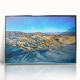 Mid-century modernist art depicting Death Valley in muted earth tones on a framed acrylic print.