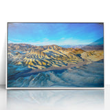 Acrylic print of Death Valley scenery in muted earth tones, framed in white, suitable as modern art wall decor.