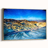 Framed canvas of Death Valley landscape in muted gold and black tones, suitable as wall art for bedrooms.